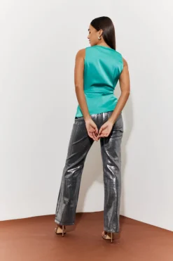In The Style Twisted Detail Cowl Neck Satin Top Green