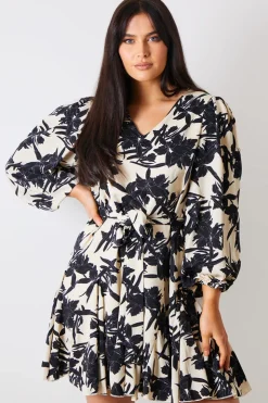 Clearance In the Style V Neck Balloon Sleeve Godet Mini Dress Stone