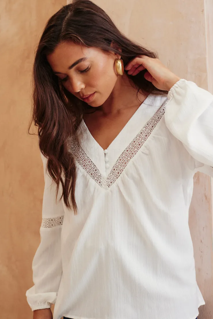 Online In The Style V Neck Crochet Insert Blouse White
