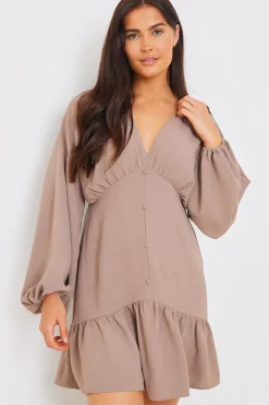 Best In the Style V Neck Frill Hem Smock Dress Mocha