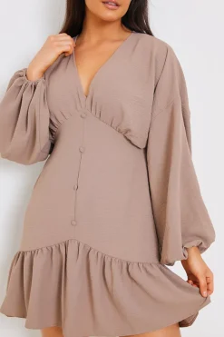 Best In the Style V Neck Frill Hem Smock Dress Mocha