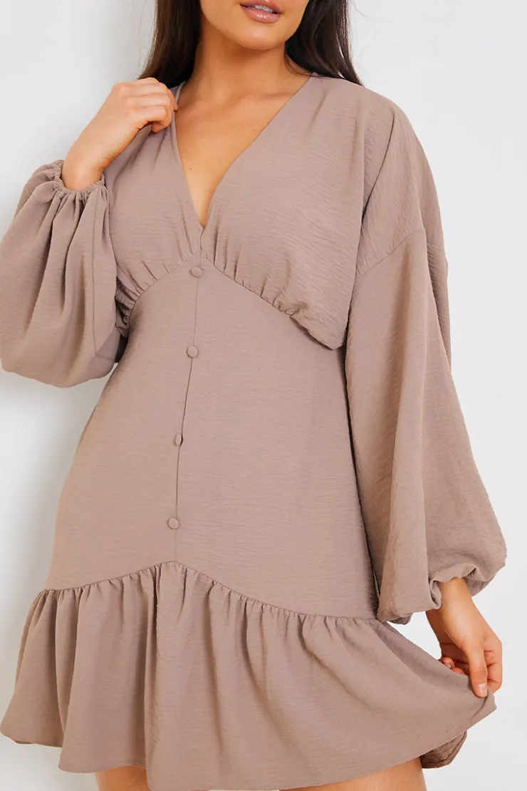 Best In the Style V Neck Frill Hem Smock Dress Mocha