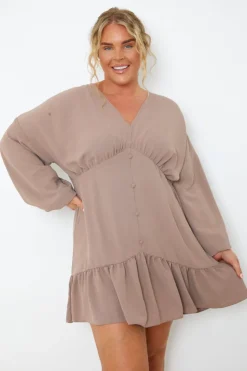 Best In the Style V Neck Frill Hem Smock Dress Mocha