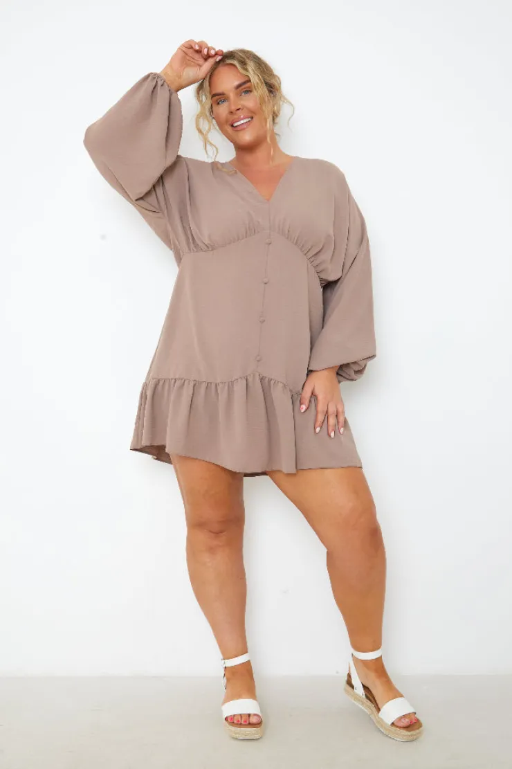 Best In the Style V Neck Frill Hem Smock Dress Mocha