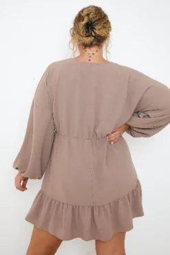 Best In the Style V Neck Frill Hem Smock Dress Mocha
