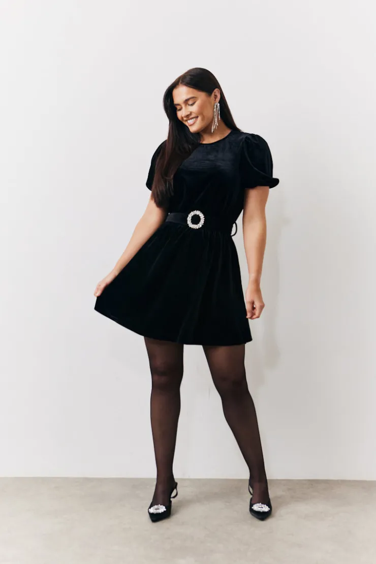 Clearance In The Style Velvet Embellished Belt Mini Dress Black