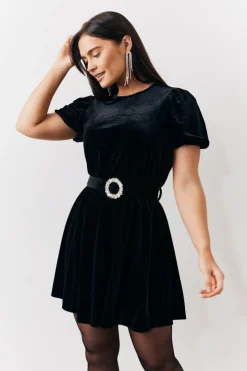 Clearance In The Style Velvet Embellished Belt Mini Dress Black