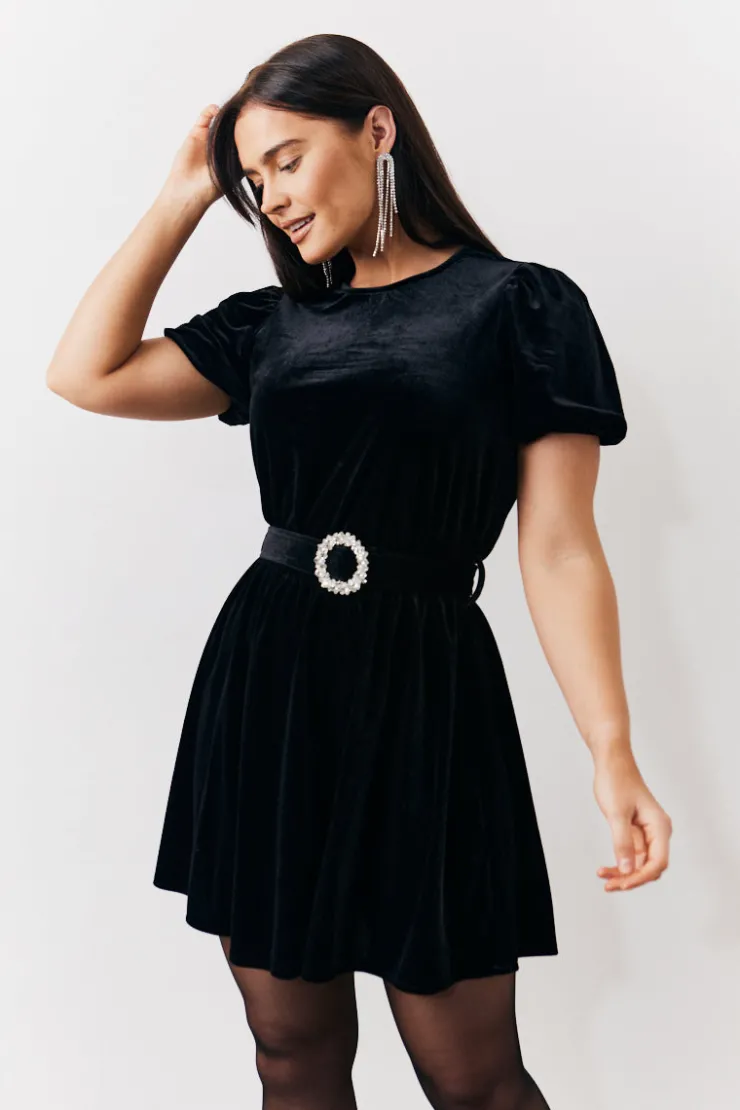 Clearance In The Style Velvet Embellished Belt Mini Dress Black