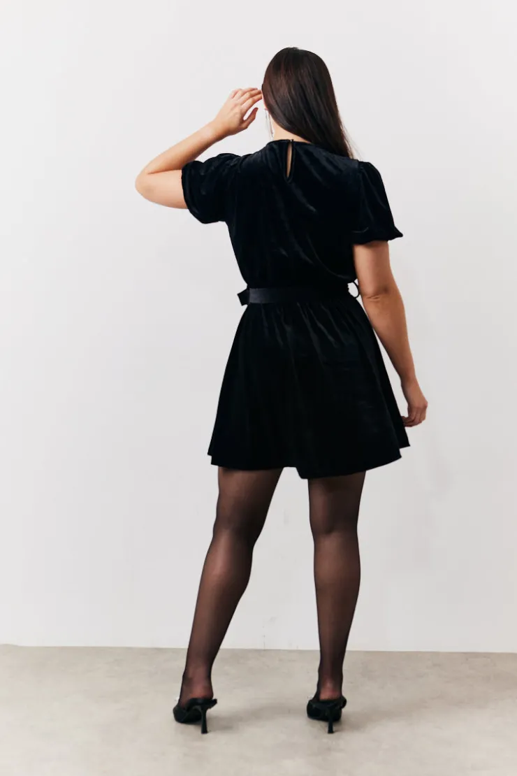 Clearance In The Style Velvet Embellished Belt Mini Dress Black