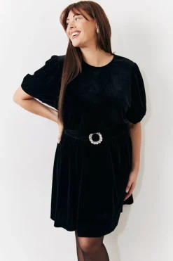 Clearance In The Style Velvet Embellished Belt Mini Dress Black