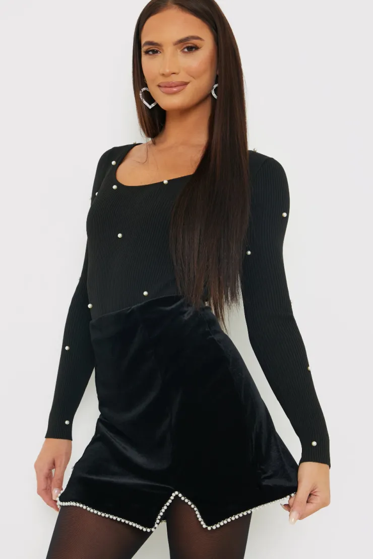 Discount In the Style Velvet Faux Pearl Mini Skirt Black