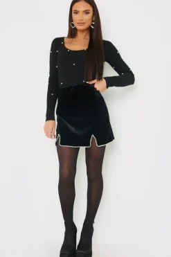 Discount In the Style Velvet Faux Pearl Mini Skirt Black
