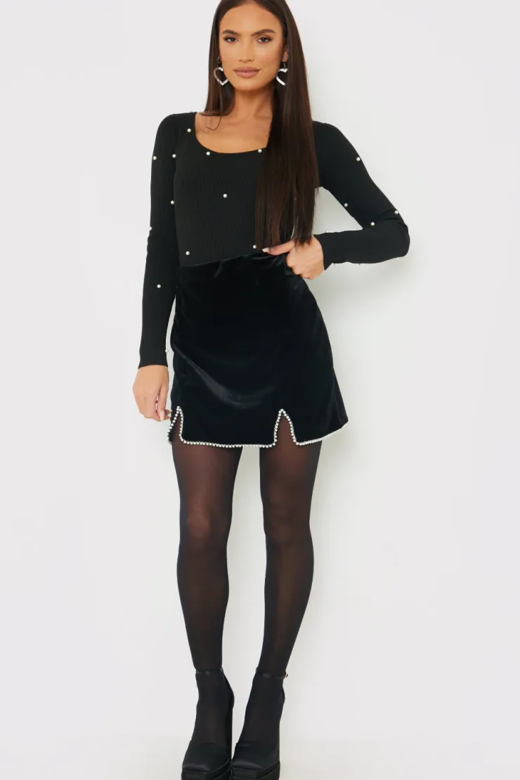 Discount In the Style Velvet Faux Pearl Mini Skirt Black