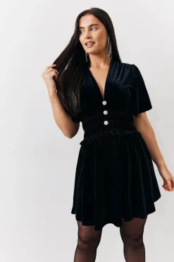 In The Style Velvet Mini Dress with Embellished Buttons Black