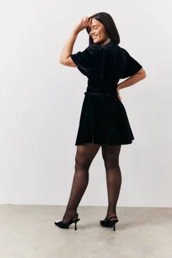 In The Style Velvet Mini Dress with Embellished Buttons Black