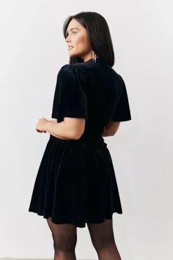 In The Style Velvet Mini Dress with Embellished Buttons Black