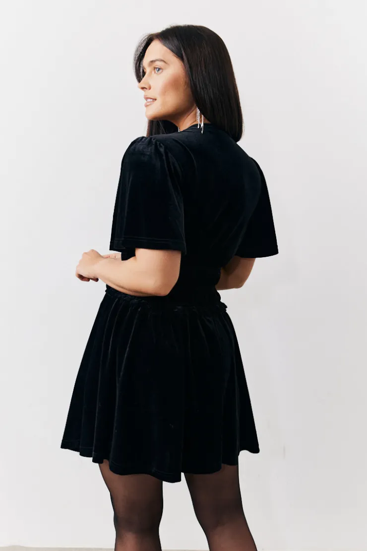 In The Style Velvet Mini Dress with Embellished Buttons Black