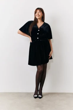 In The Style Velvet Mini Dress with Embellished Buttons Black