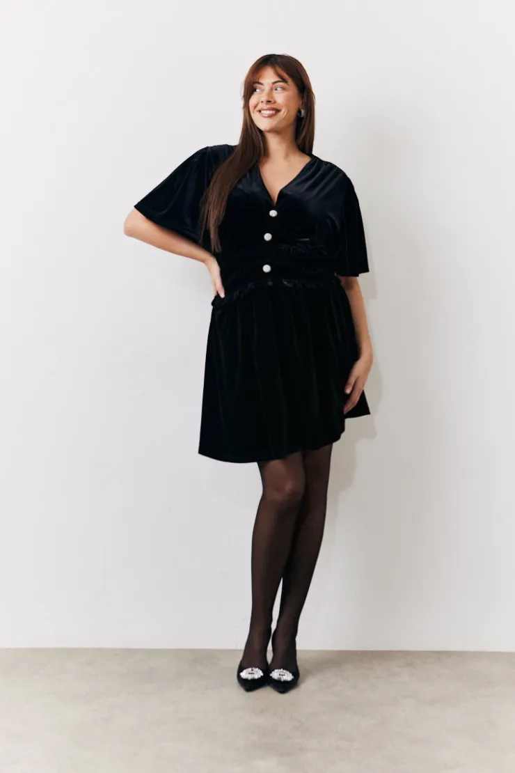 In The Style Velvet Mini Dress with Embellished Buttons Black