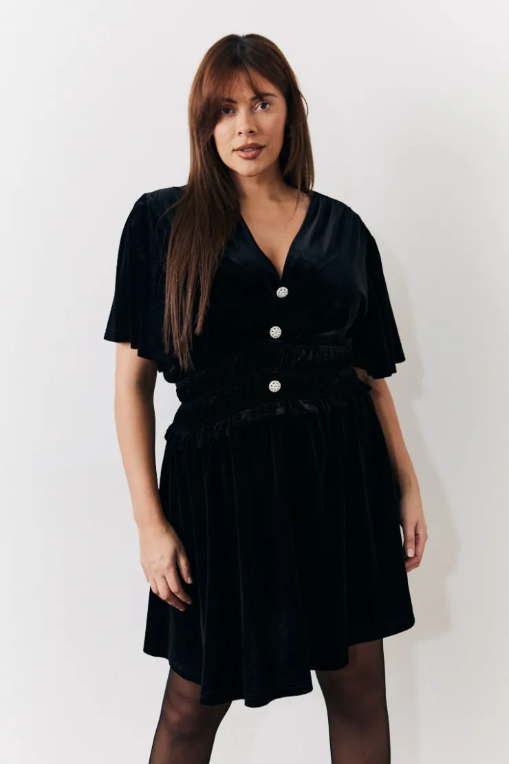 In The Style Velvet Mini Dress with Embellished Buttons Black