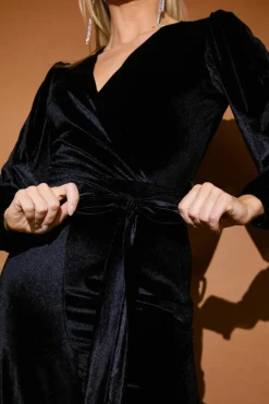 Discount In the Style Velvet Puff Sleeve Wrap Front Jumpsuit Black