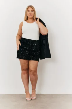 Hot In the Style Velvet Sequin Mini Skirt Black