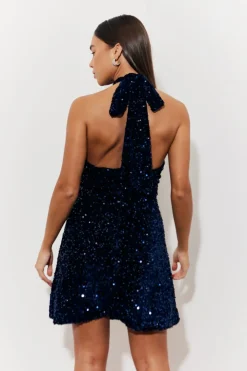 In the Style Velvet Sequin Tie Back Detail Mini Dress Navy