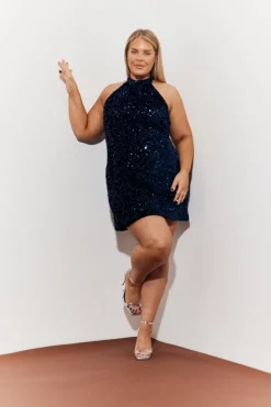 In the Style Velvet Sequin Tie Back Detail Mini Dress Navy