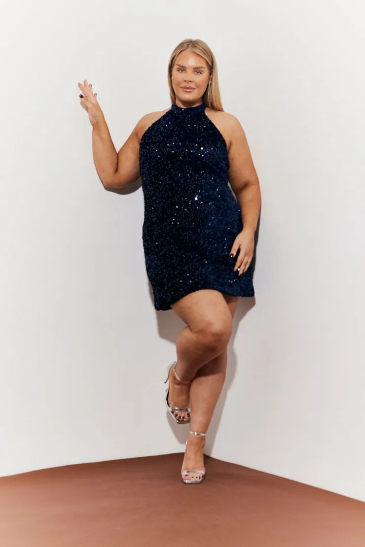 In the Style Velvet Sequin Tie Back Detail Mini Dress Navy