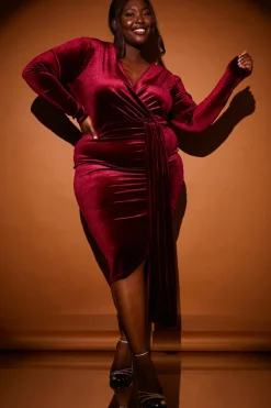 Sale In the Style Velvet Wrap Front Drape Midi Dress Red
