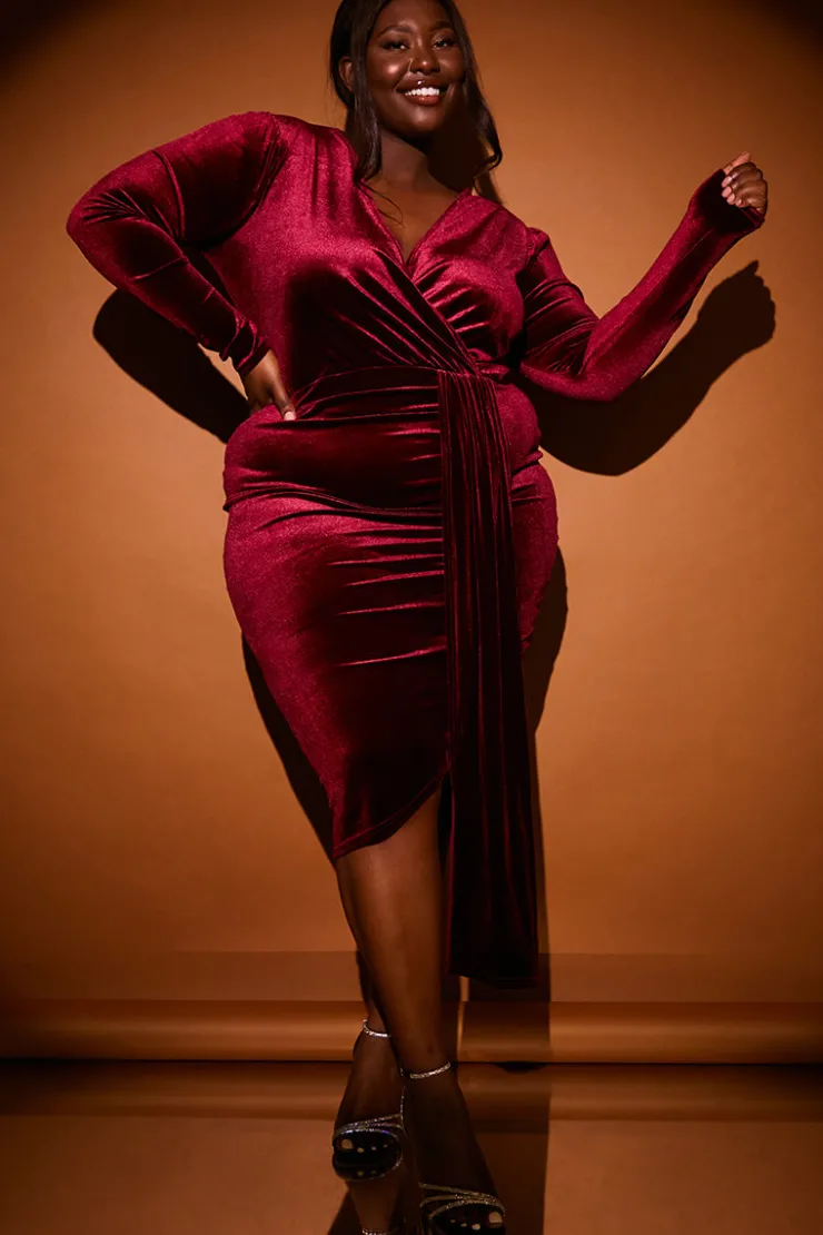 Sale In the Style Velvet Wrap Front Drape Midi Dress Red