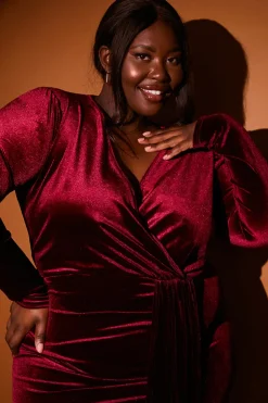 Sale In the Style Velvet Wrap Front Drape Midi Dress Red