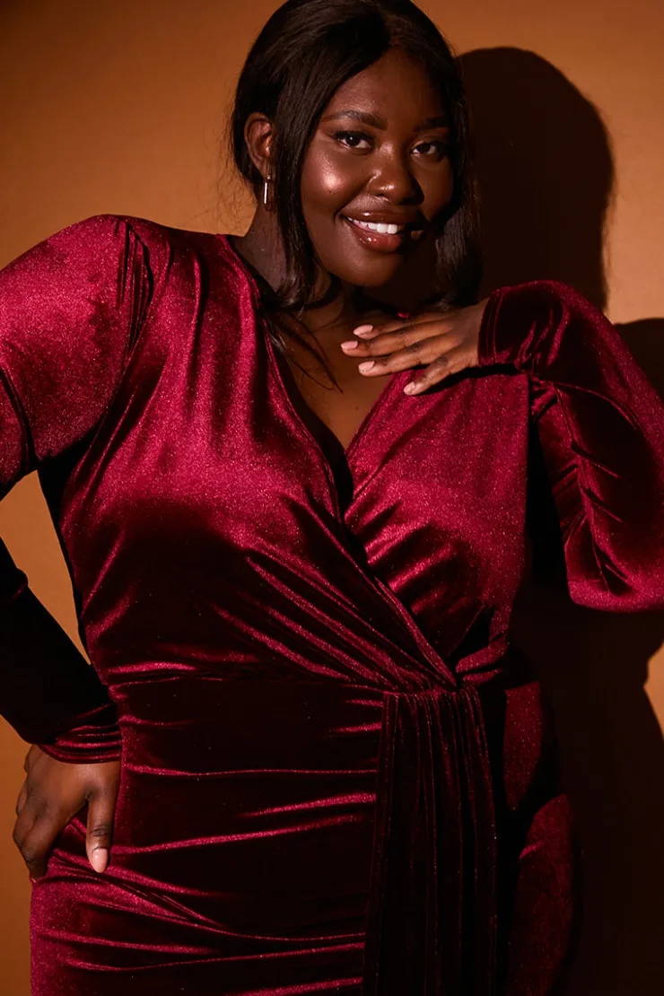 Sale In the Style Velvet Wrap Front Drape Midi Dress Red