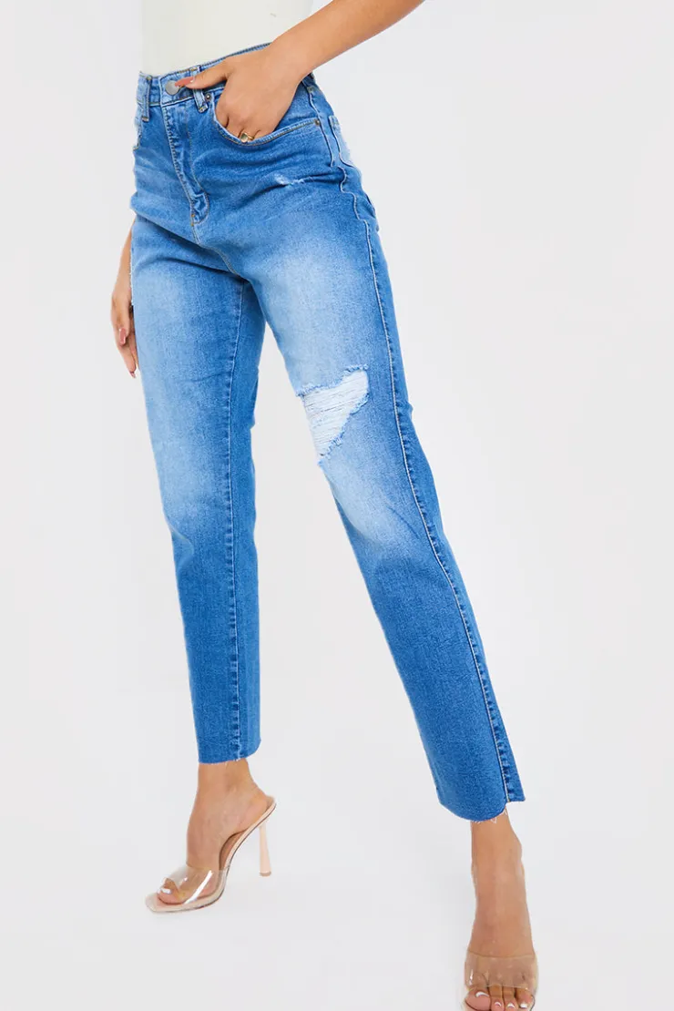 Best In the Style Washed Ripped High Waisted Stretch Mom Jeans Blue