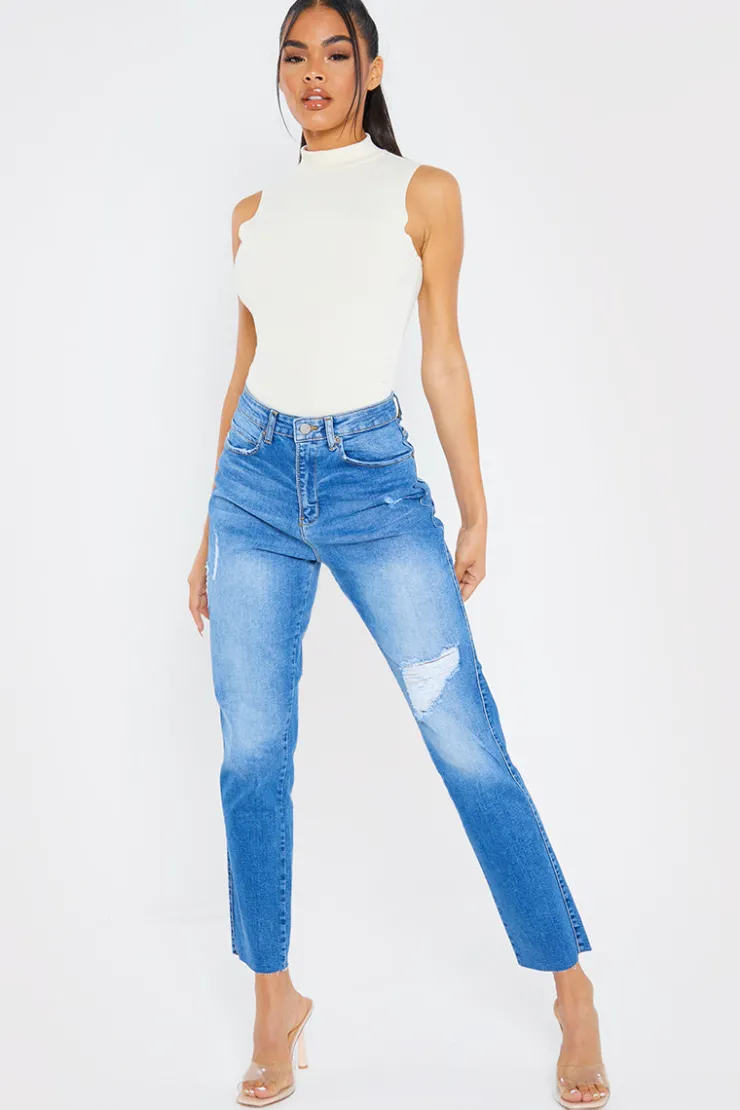 Best In the Style Washed Ripped High Waisted Stretch Mom Jeans Blue