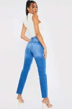 Best In the Style Washed Ripped High Waisted Stretch Mom Jeans Blue