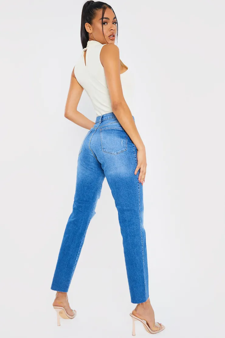 Best In the Style Washed Ripped High Waisted Stretch Mom Jeans Blue