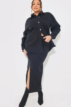 Sale In The Style Washed Split Detail Denim Maxi Skirt Black