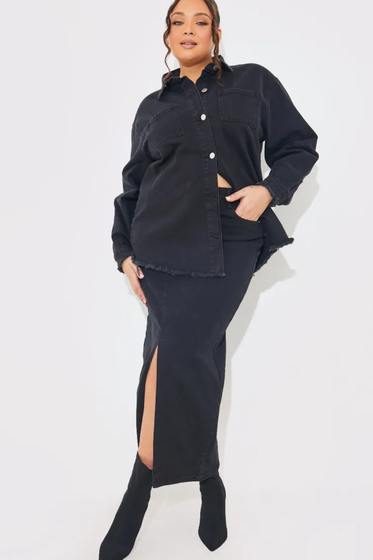 Sale In The Style Washed Split Detail Denim Maxi Skirt Black