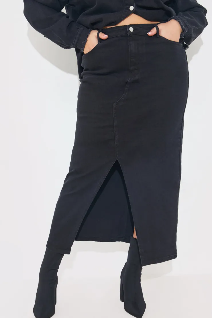 Sale In The Style Washed Split Detail Denim Maxi Skirt Black