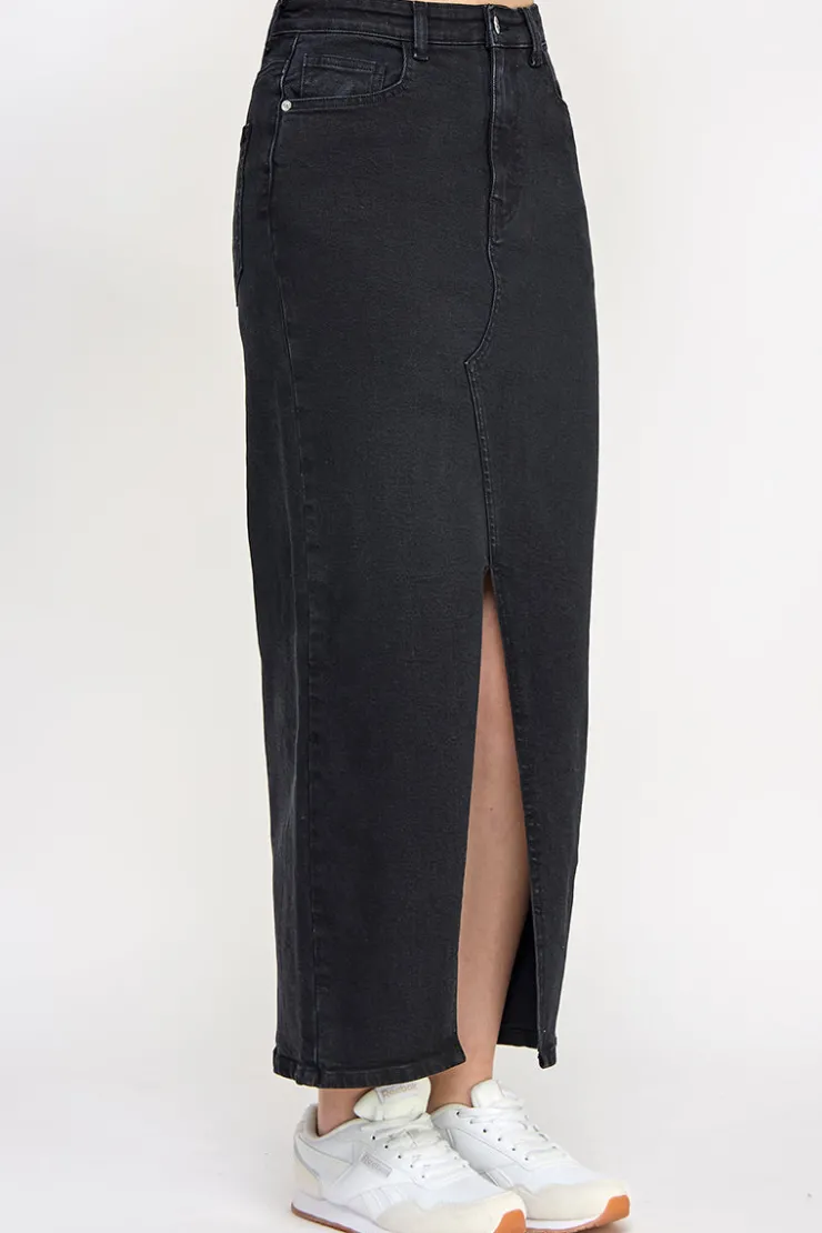 Sale In The Style Washed Split Detail Denim Maxi Skirt Black