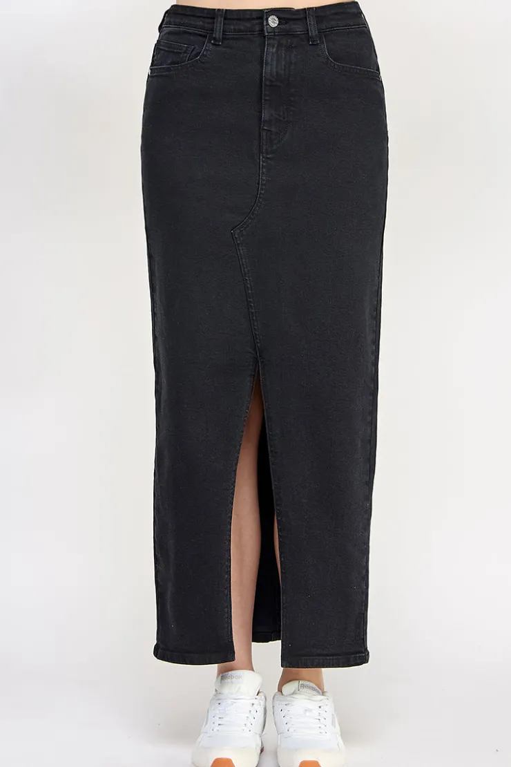 Sale In The Style Washed Split Detail Denim Maxi Skirt Black