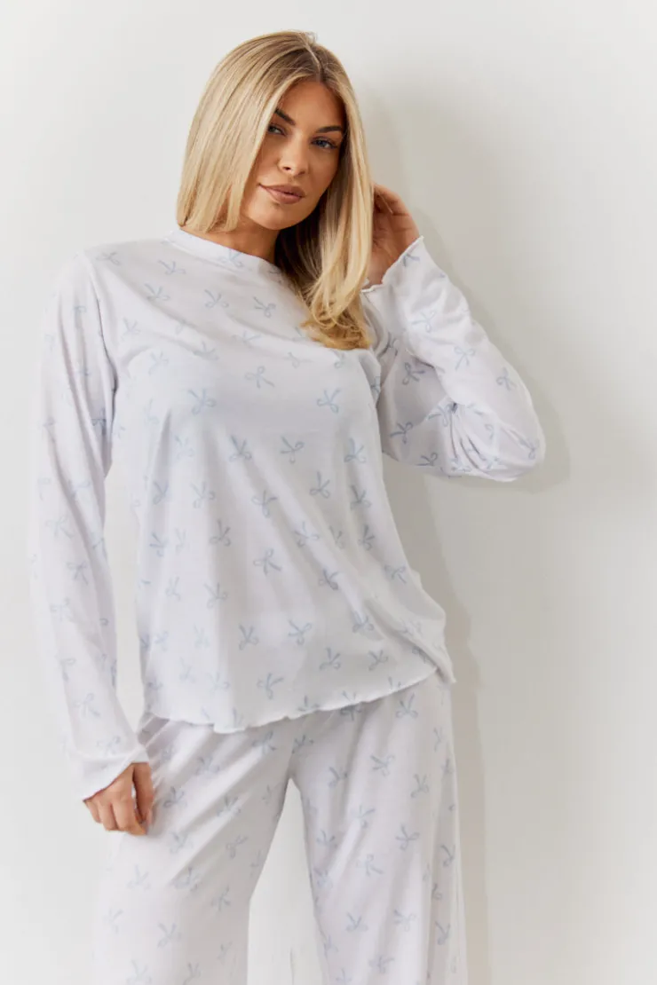 Clearance In The Style Bow Print Long Sleeve Top and Trouser PJ Set White