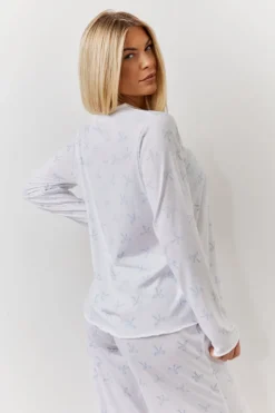 Clearance In The Style Bow Print Long Sleeve Top and Trouser PJ Set White