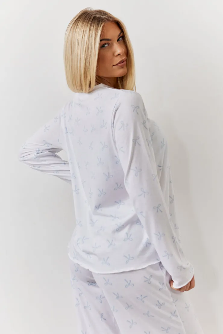 Clearance In The Style Bow Print Long Sleeve Top and Trouser PJ Set White