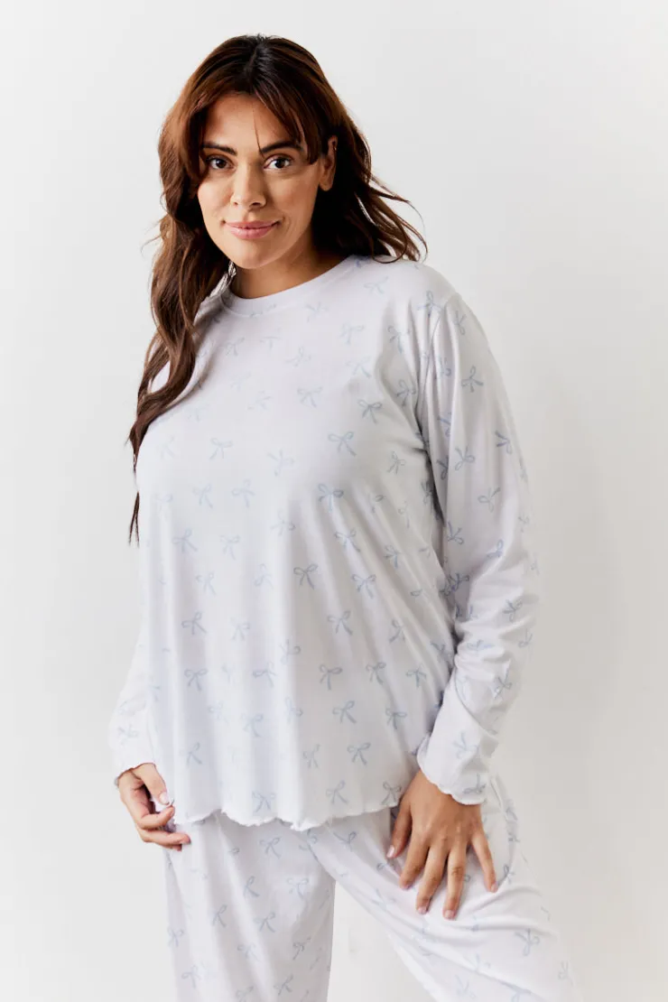 Clearance In The Style Bow Print Long Sleeve Top and Trouser PJ Set White