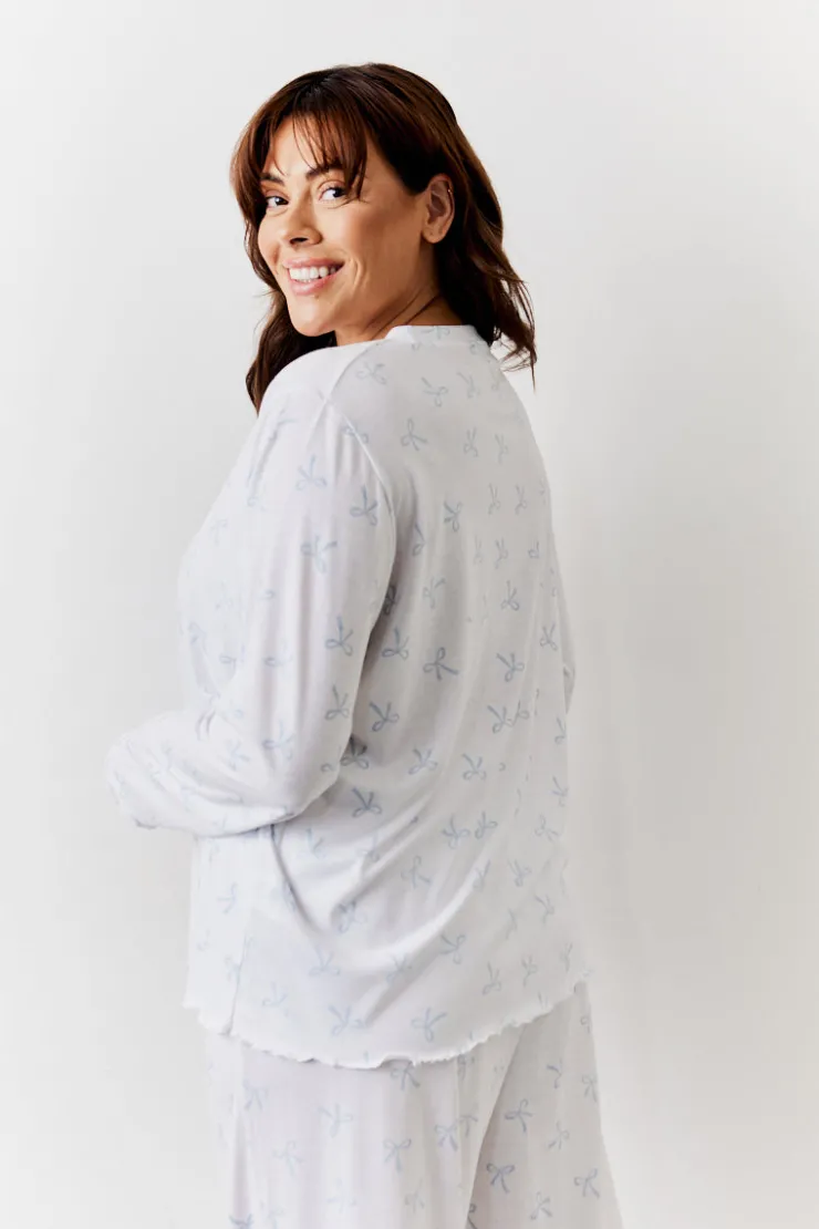 Clearance In The Style Bow Print Long Sleeve Top and Trouser PJ Set White