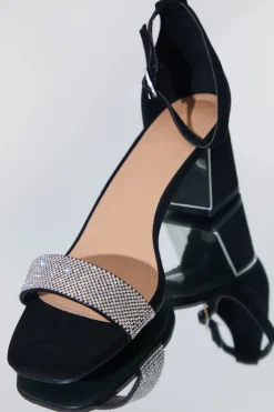 Clearance In The Style Wide Fit Diamante Strap Low Block Heel Black