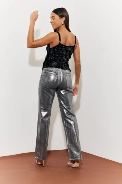 New In the Style Wide Leg Foil High Waisted Jeans Silver