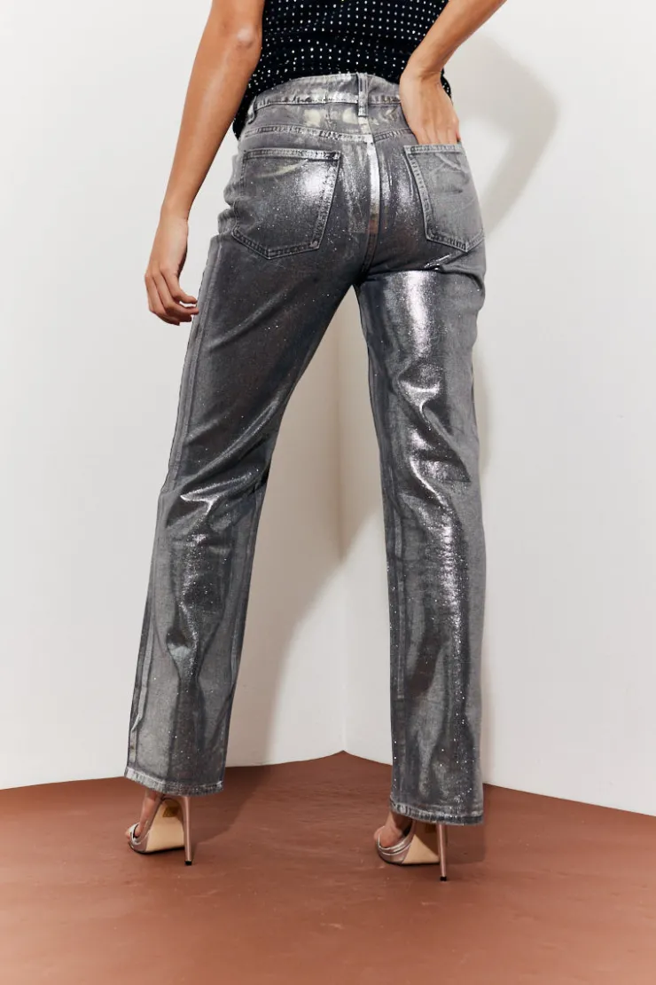 New In the Style Wide Leg Foil High Waisted Jeans Silver
